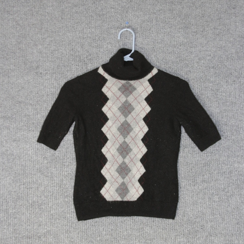 Marconi Cashmere Sweater Womens S Black Argyle‎ Short Sleeve Turtleneck Knit